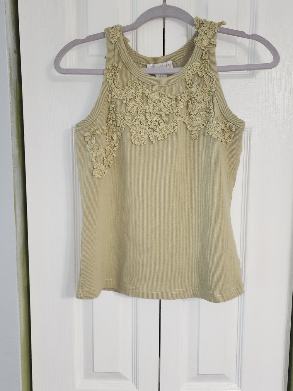Caroline Constas Lace-Appliqué Ribbed Tank in Cream With Muted Sage Size L